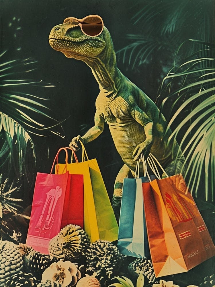 Dinosaur With Shopping Bags Retro Collage