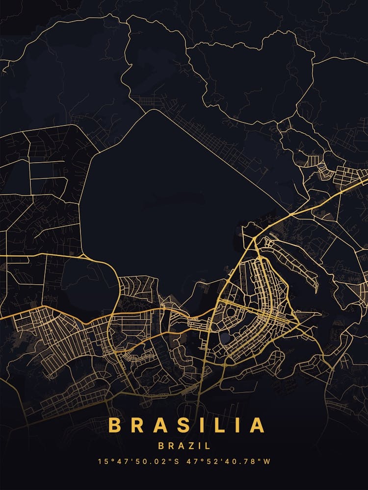 Brasilia Federal District Brazil Black And Gold Map