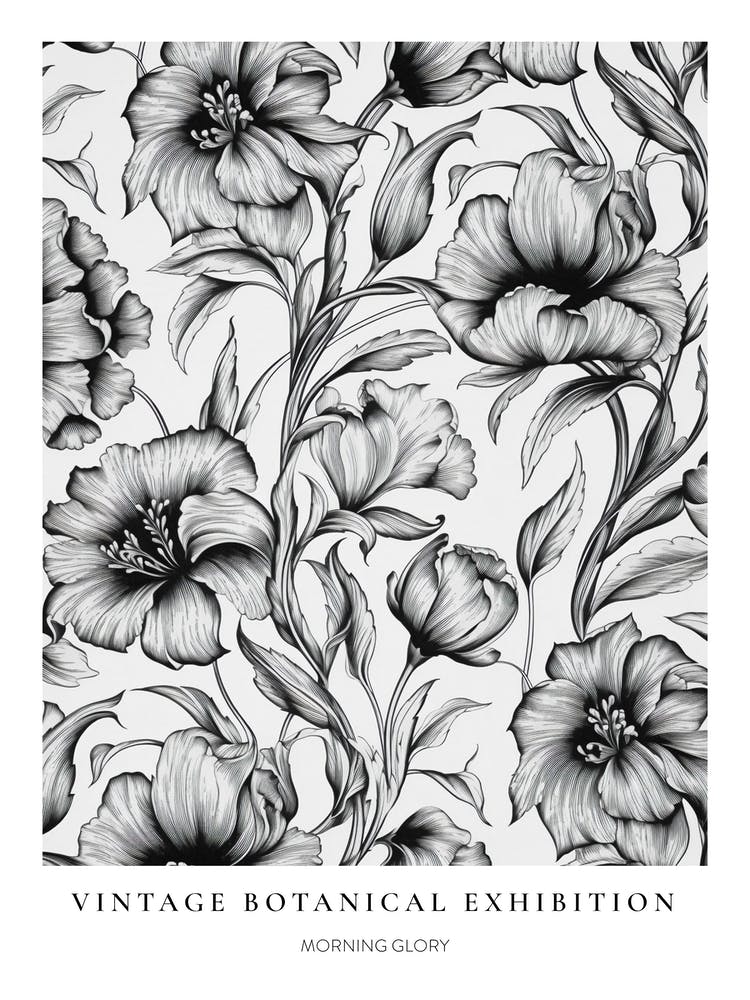 Morning Glory B&W Vintage Botanical Poster