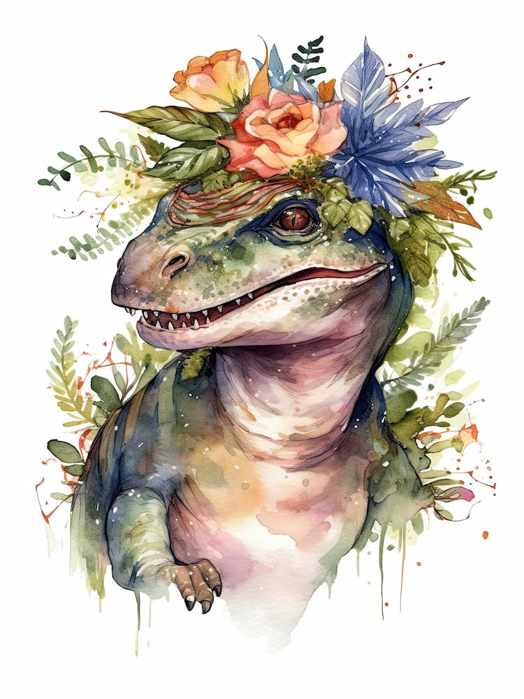 Allosaurus With A Crown Of Flowers Cute Dinosaur Watercolour 2