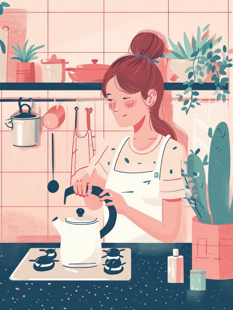Girl Putting The Kettle On Lo Fi Kawaii Illustration 5