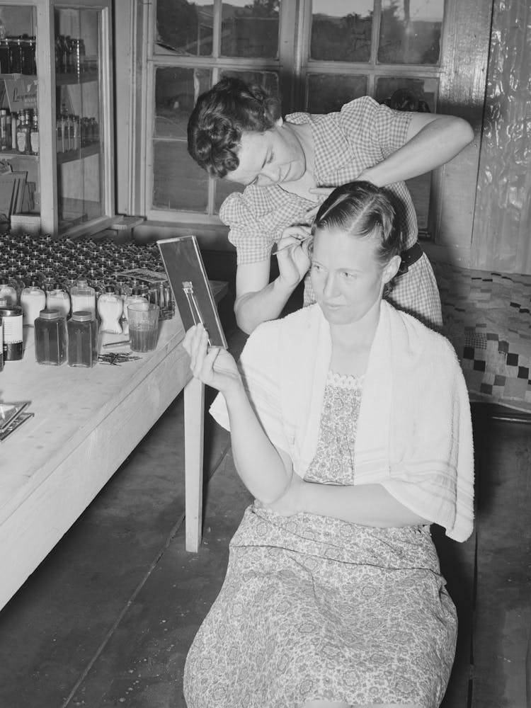 A Neighbor Fixes The Grocery Clerk S Hair At Pie Town, New Mexico By Russell Lee