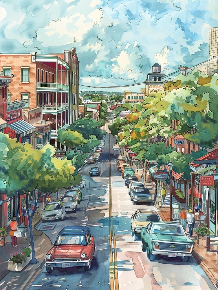Storybook Illustration Rainey Street Historic District Austin Texas 1