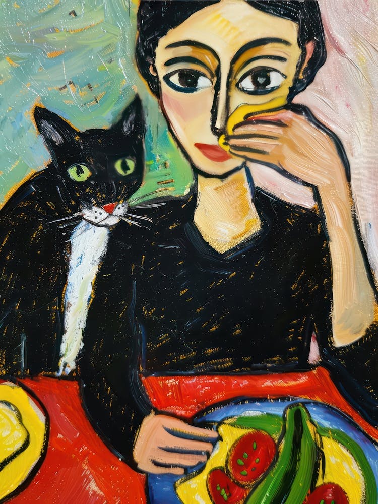 Portrait Of A Woman With Cats Having Lunch