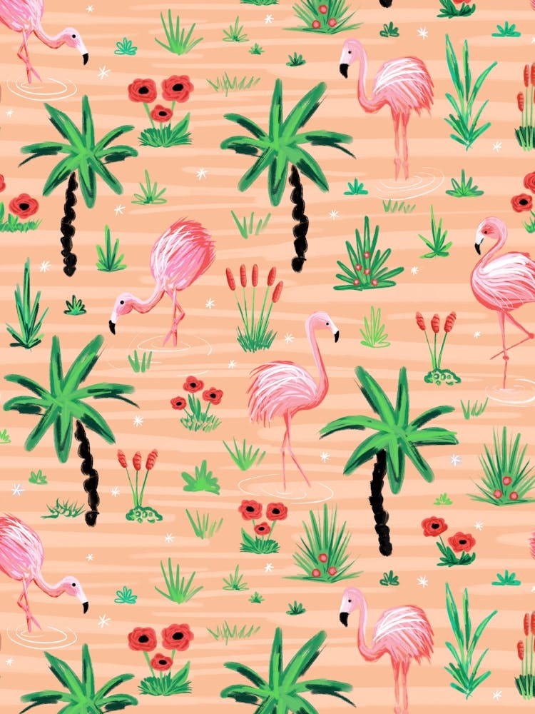 Pink Flamingos in the Water of a Tropical Island - Peach Pink