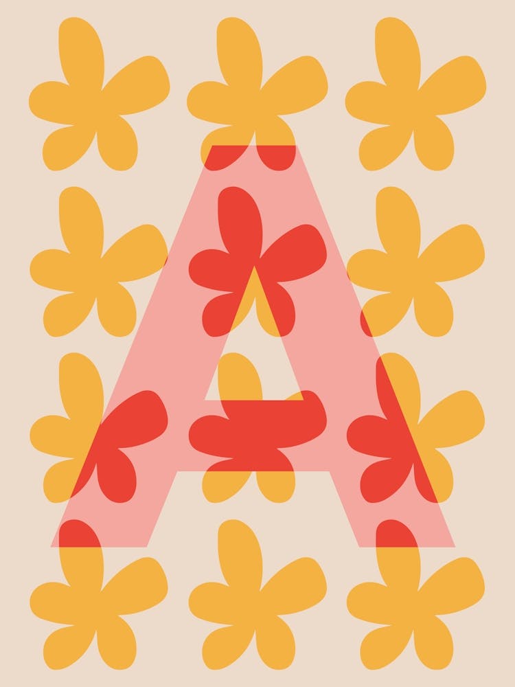 Alphabet Flower Letter A Print - Pink, Yellow, Red