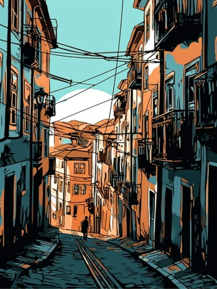 Painting Of Lisbon Portugal In The Style Of Line Art 2