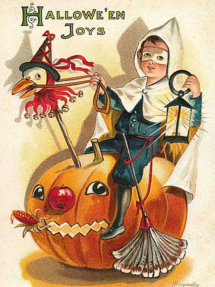 Masked Boy Riding A Big Pumpkin On Halloween Night