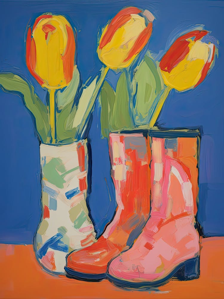 Painting Of Tulips Flowers And Cowboy Boots, Oil Style 3
