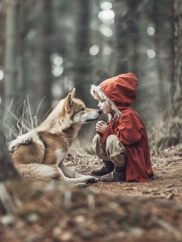 Fairytale Portrait Photography, Red Riding Hood And The Wolf, Selective Color, Shot Using Hasselblad X2d 100c On Agfa Vista 200, Shot Using Hasselblad Lens