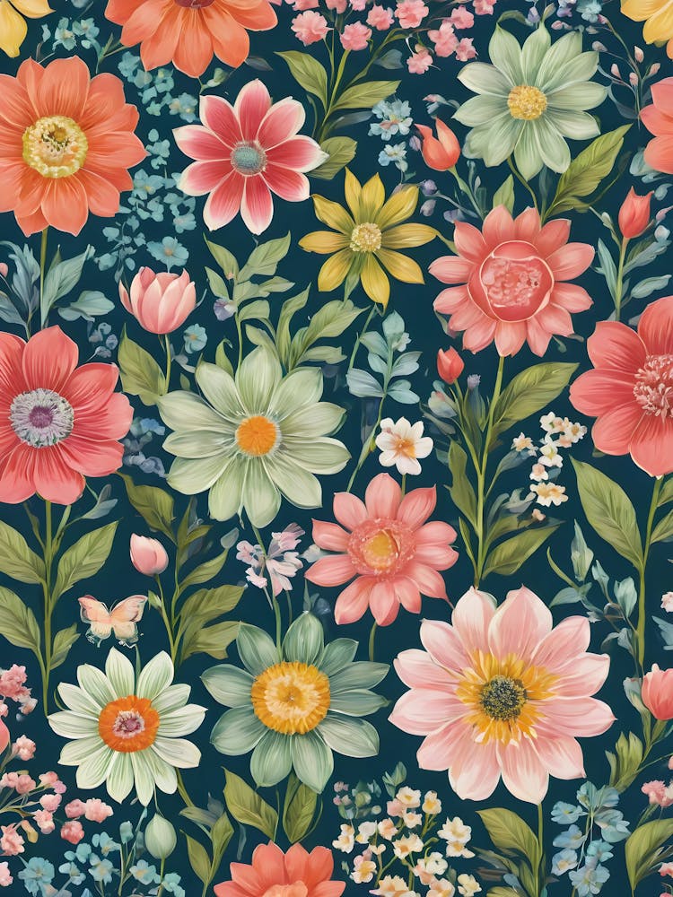 Painted Spring and Summer Flowers Boho Pattern - Navy Background Pink Yellow Orange Butterfly Bohemian Wallpaper Art Like Amy Butler and William Morris Fabric Print For Lunar Pagan Gallery Feature Wall Floral Botanical Luna Lover HD