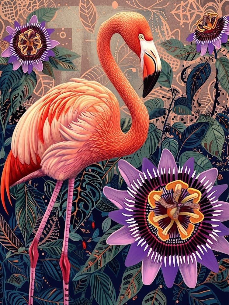 Greater Flamingo And Passionflowers Boho Print 3