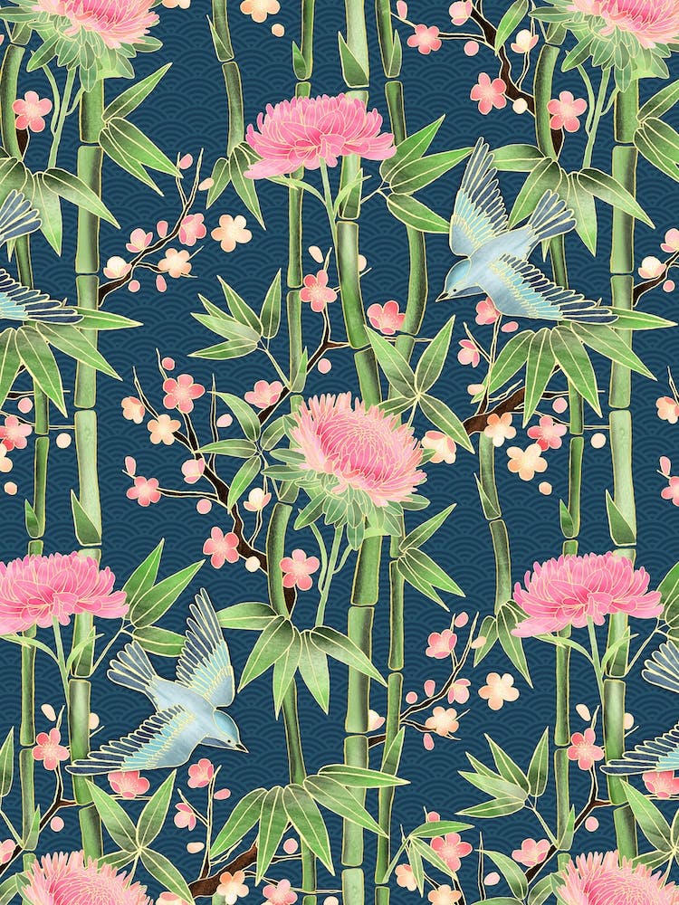 Bamboo Birds And Blossoms On Deep Teal
