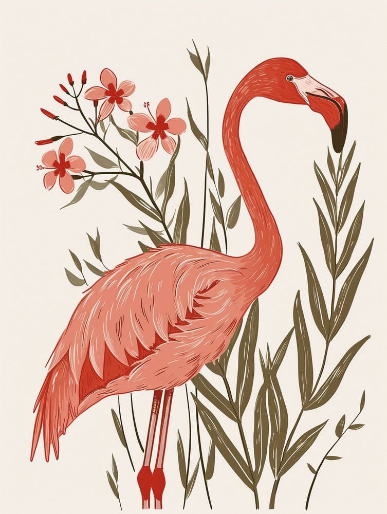 American Flamingo And Oleander Minimalist Illustration 3