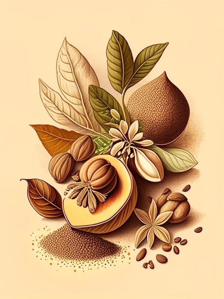 Nutmeg Spices And Herbs Retro Drawing 4