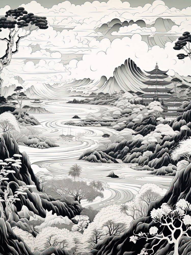 Aogashima Island In Tokyo, Ukiyo E Black And White Line Art Drawing 2