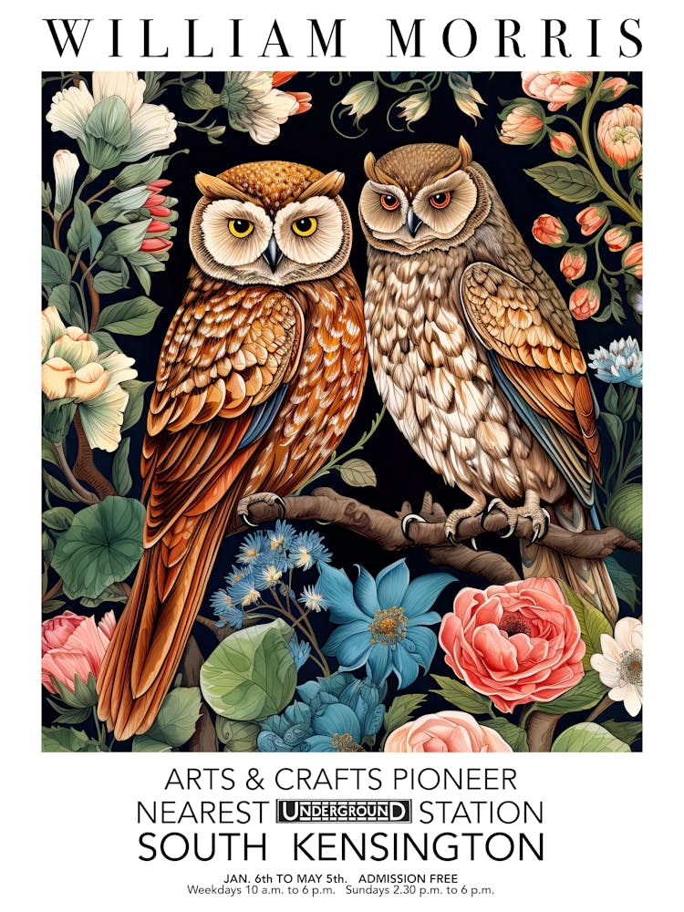 William Morris Print Owl Couple Valentines Mothers Day Gift