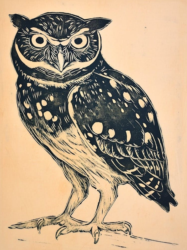 Burmese Fish Owl Linocut Blockprint 3