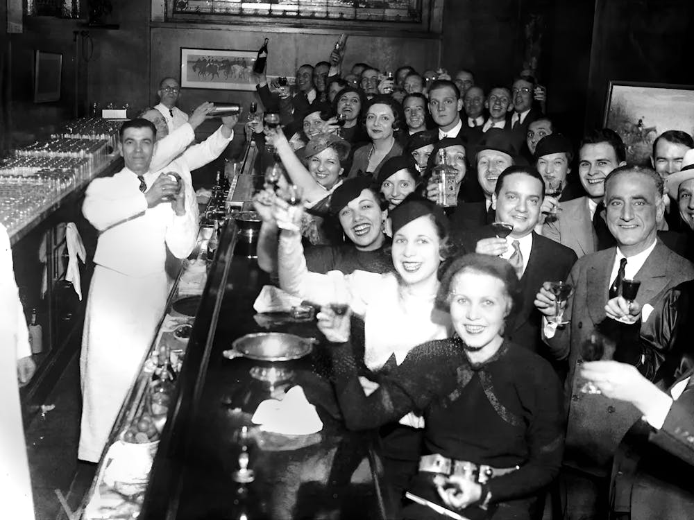 Crowd At A Bar, Prohibition. Bar Cart Decor, Vintage Black and White Old Photo