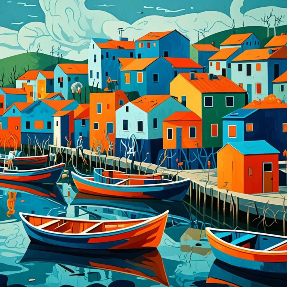 Fishing Village Colorful Cubism Style