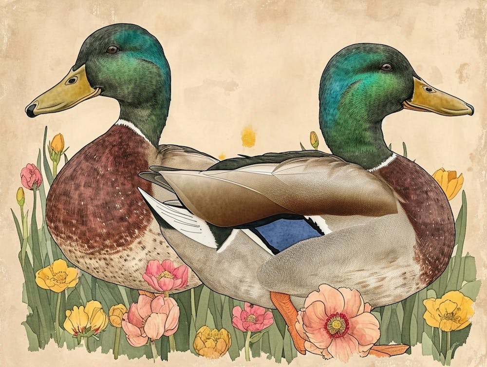 Floral Animal Illustration Mallard Duck 2