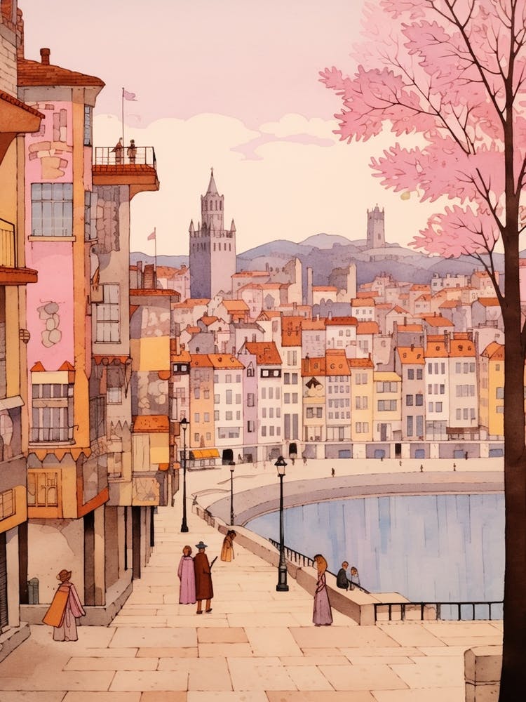 Santander Espagne 6 Illustration de Voyage Vintage Rose