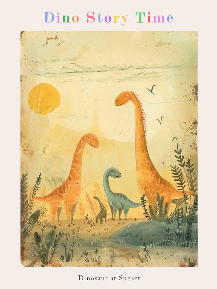 Dinosaur Family In The Sunset Storybook Style Poster
