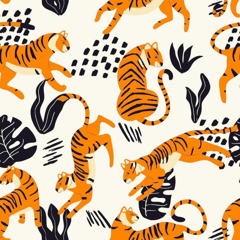 Tiger Pattern On White With Dark Tropical Leaves Decoration Square