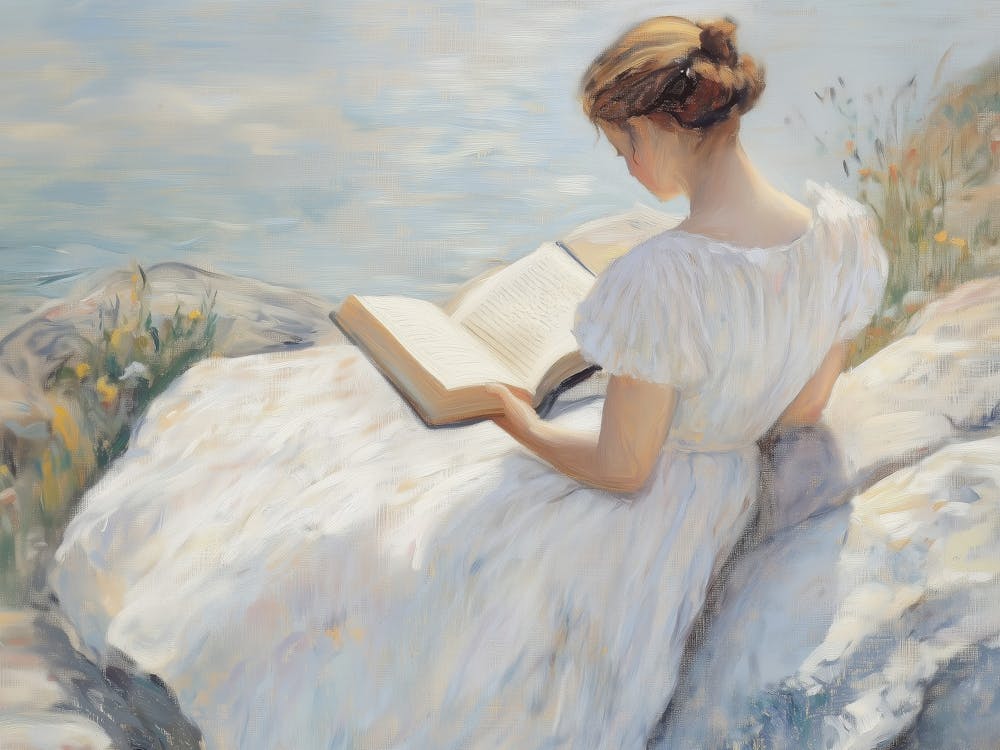 Girl Reading A Book By The Lake