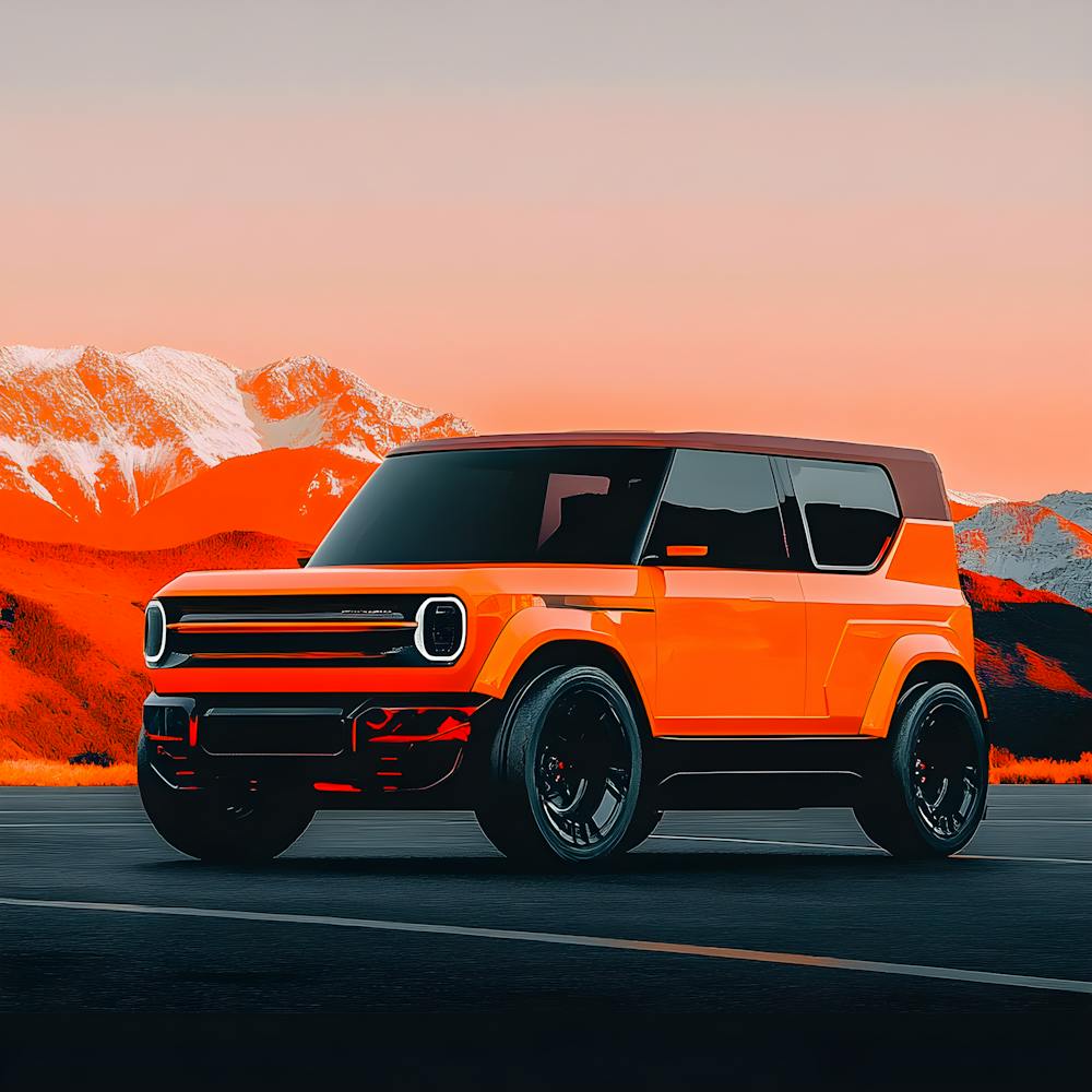 Retro Futuristic Suv Digital Art – Bold Orange Off Road Adventure Vehicle – Modern Boxy 4x4 Concept Car Print – Scenic Mountain Poster