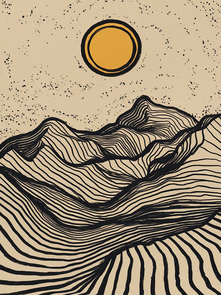 A minimalist pen and ink drawing of a mountainous 1