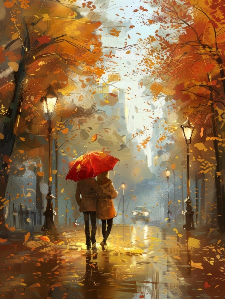 Autumn Couple Walking In The Rain