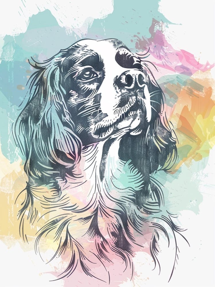 Cavalier King Charles Dog Pastel Line Watercolour Illustration 4