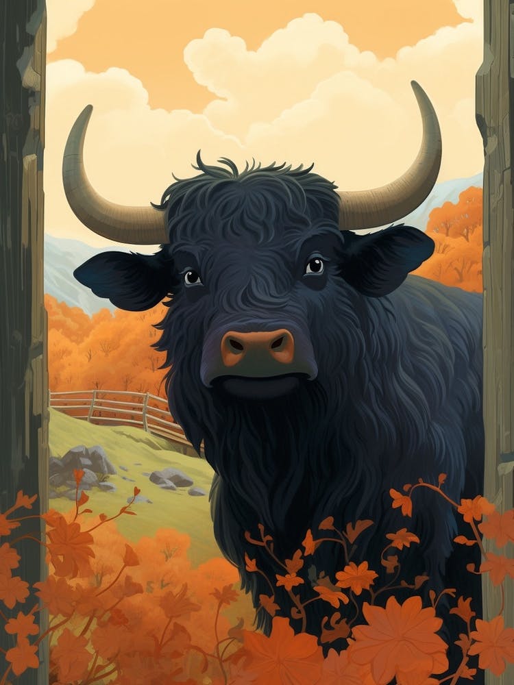 Animated Black Bull In Autumnal Highland Setting 4