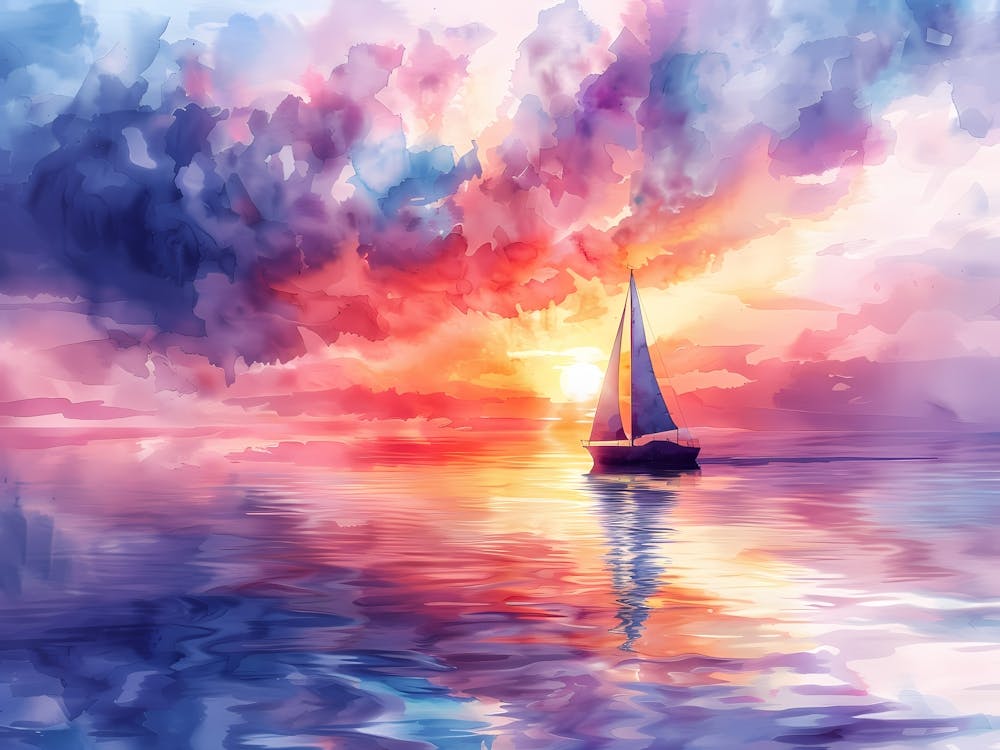 Watercolor Sailboat At Sunset 13