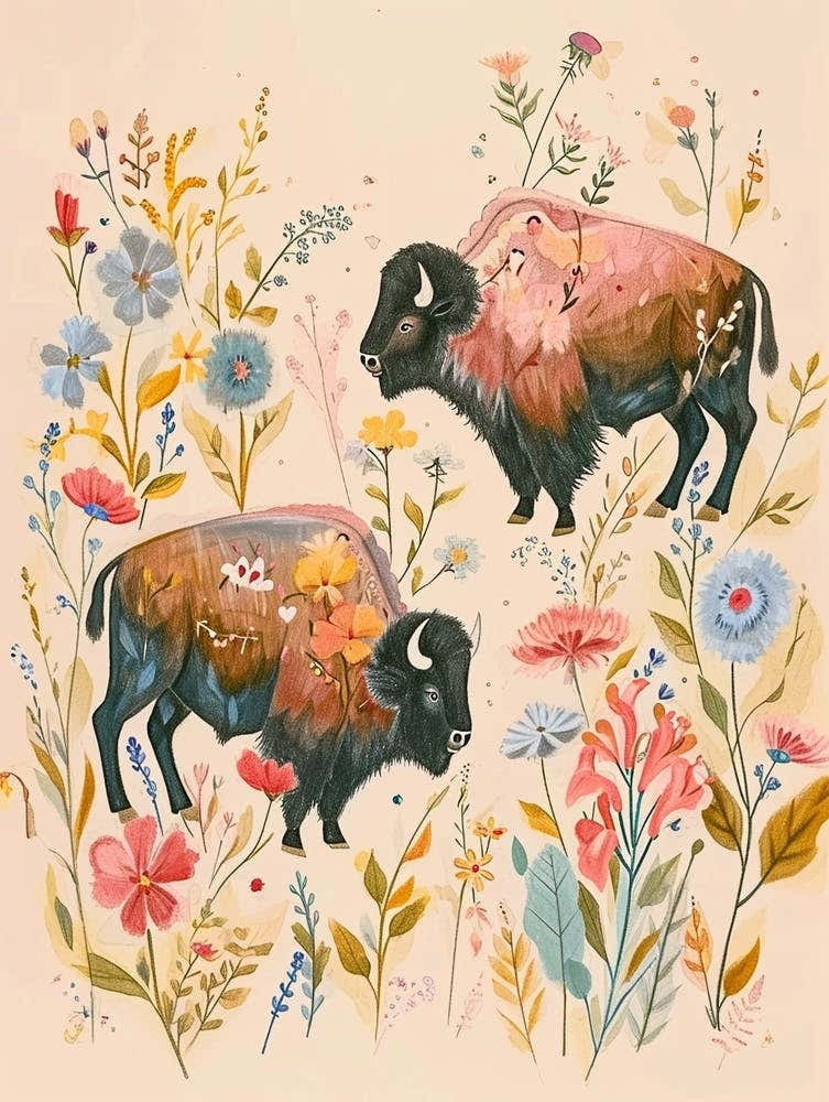 Folksy Floral Animal Drawing Bison 2
