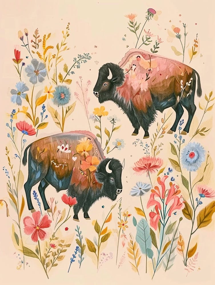 Folksy Floral Animal Drawing Bison 2