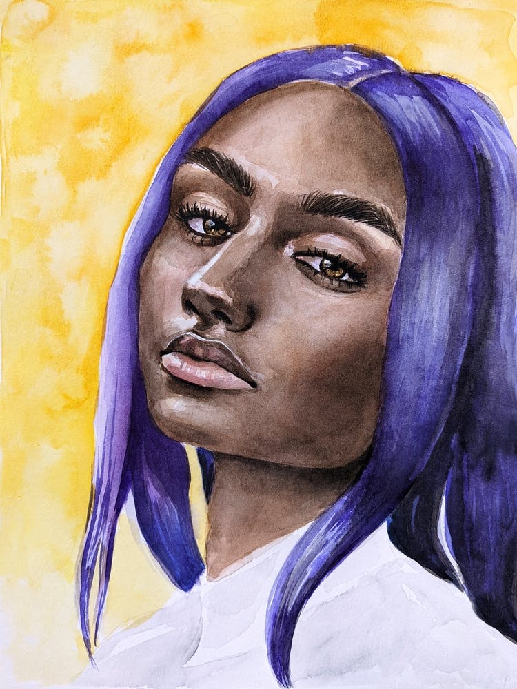 Watercolor portrait of a woman with purple hair on a yellow background