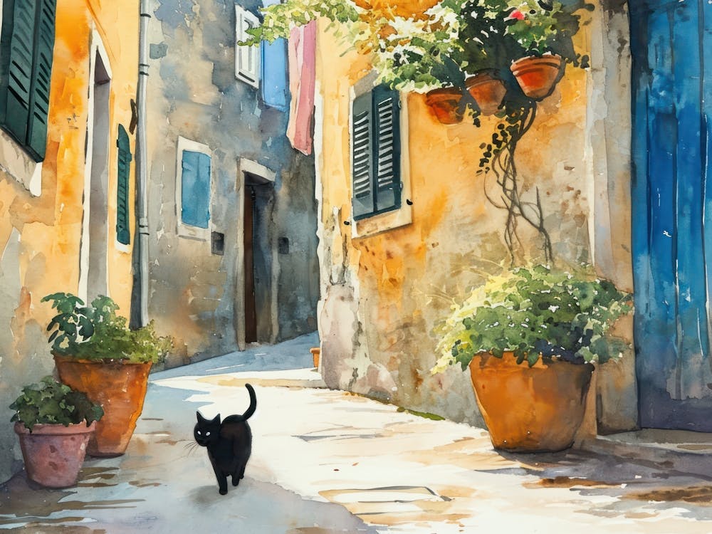 Sibenik, Croatia   Cat In Street Art Watercolour Painting 2
