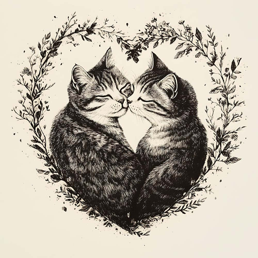Delicate Ink Drawing of Cats Love Heart 3