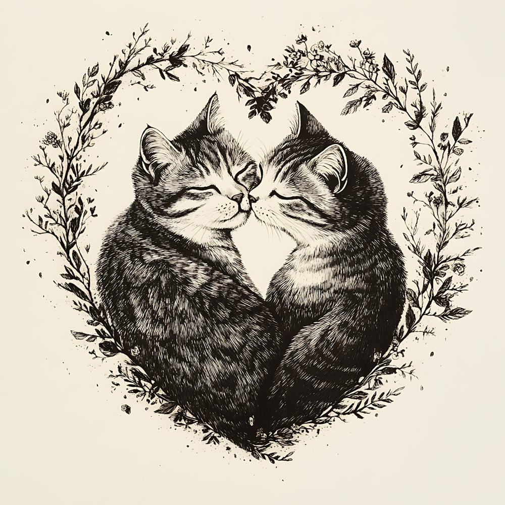 Delicate Ink Drawing of Cats Love Heart 3