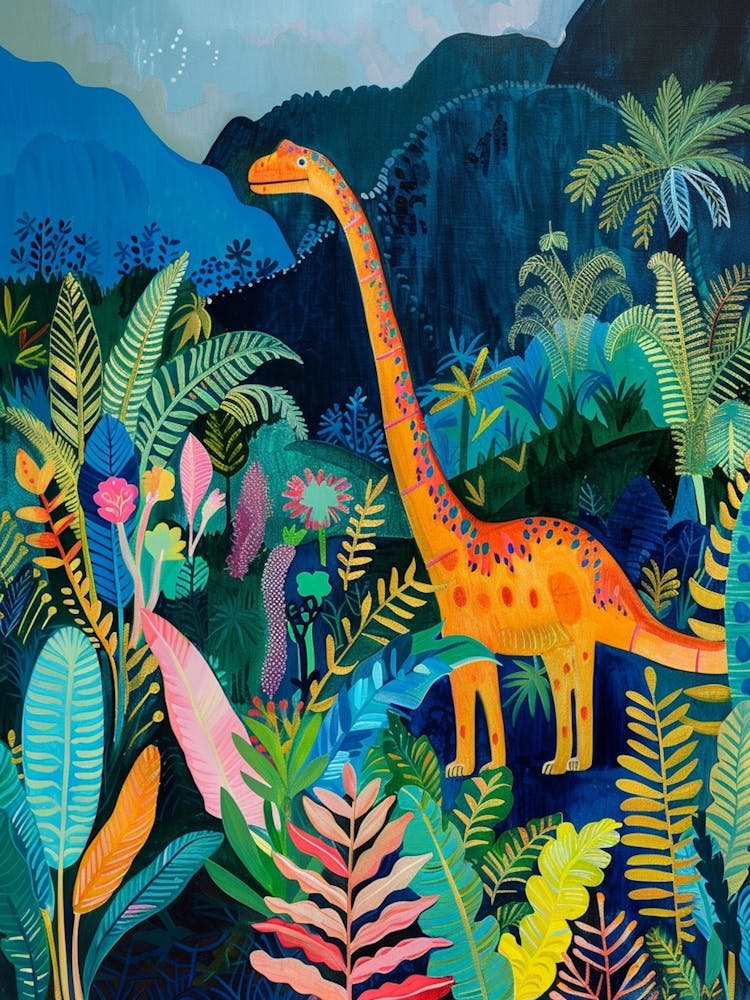 Colourful Dinosaur In The Jungle Leaves Painting 1