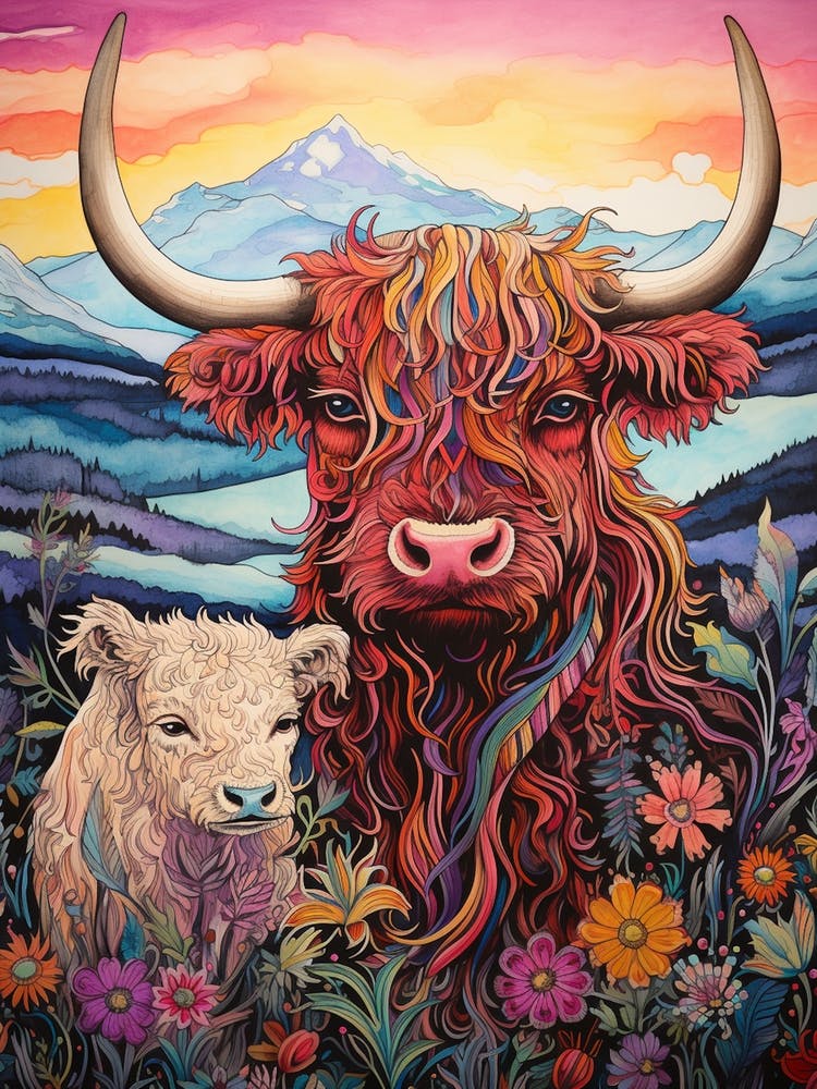 Colourful Illustration Of Highland Cow With Calf At Sunset