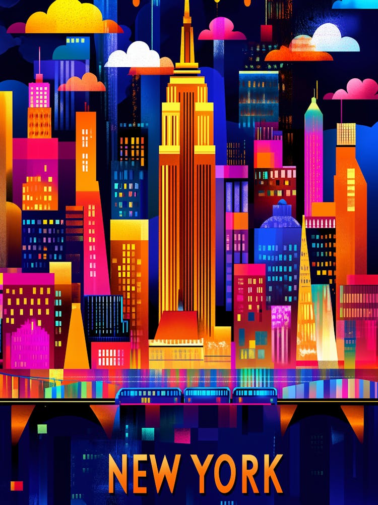 New York City Neon Glow – Geometric Skyline Art Poster