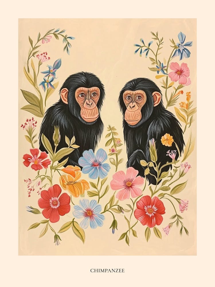 Folksy Floral Animal Drawing Chimpanzee 6 Poster