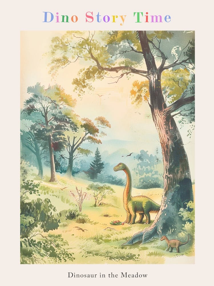 Dinosaur In The Meadow Vintage Storybook Painting Poster