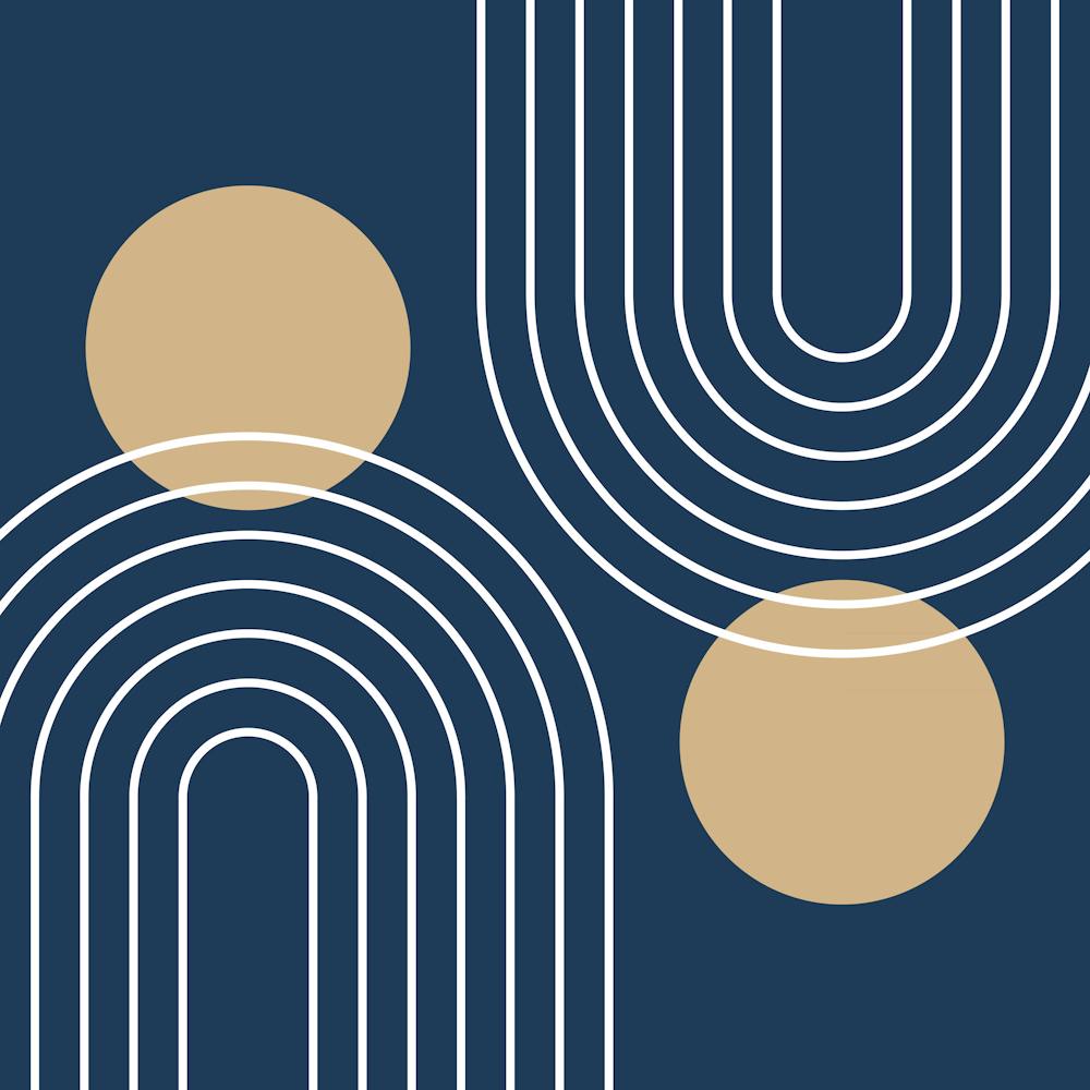 Mid Century Modern Geometric In Navy Blue And Tan (Rainbow And Sun Abstract) 02