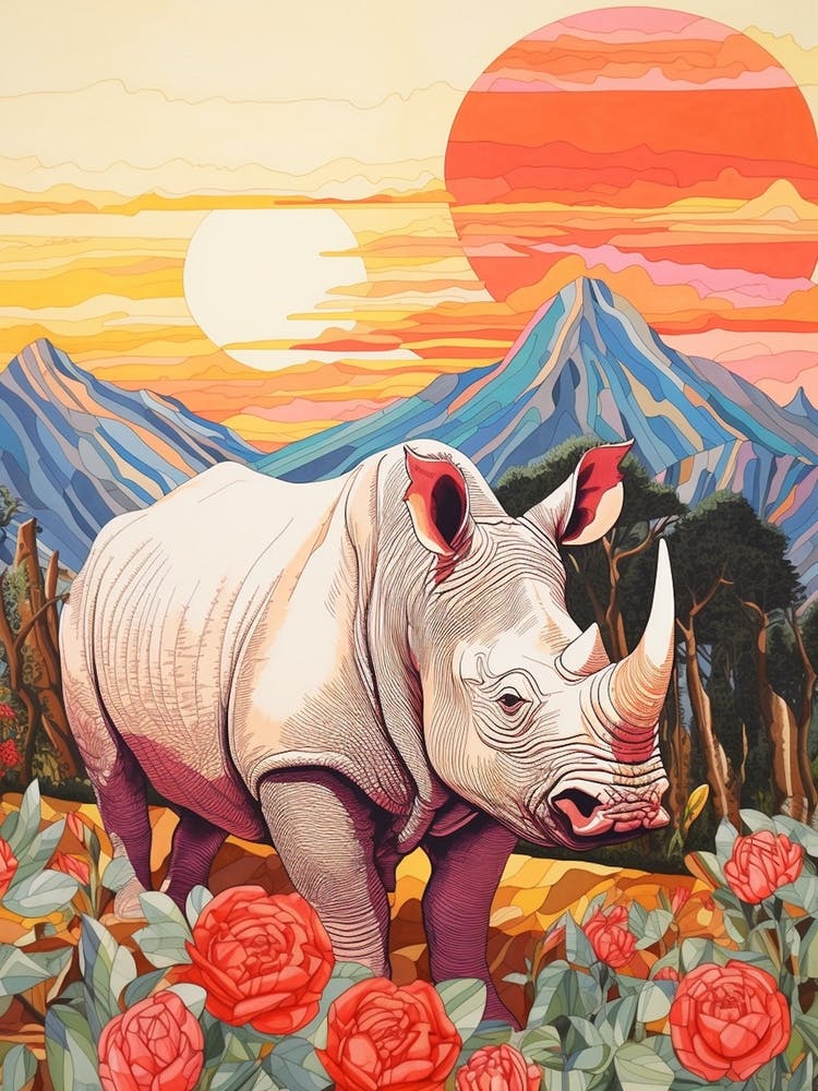 Patchwork Floral Rhino With Mountain In The Background 3