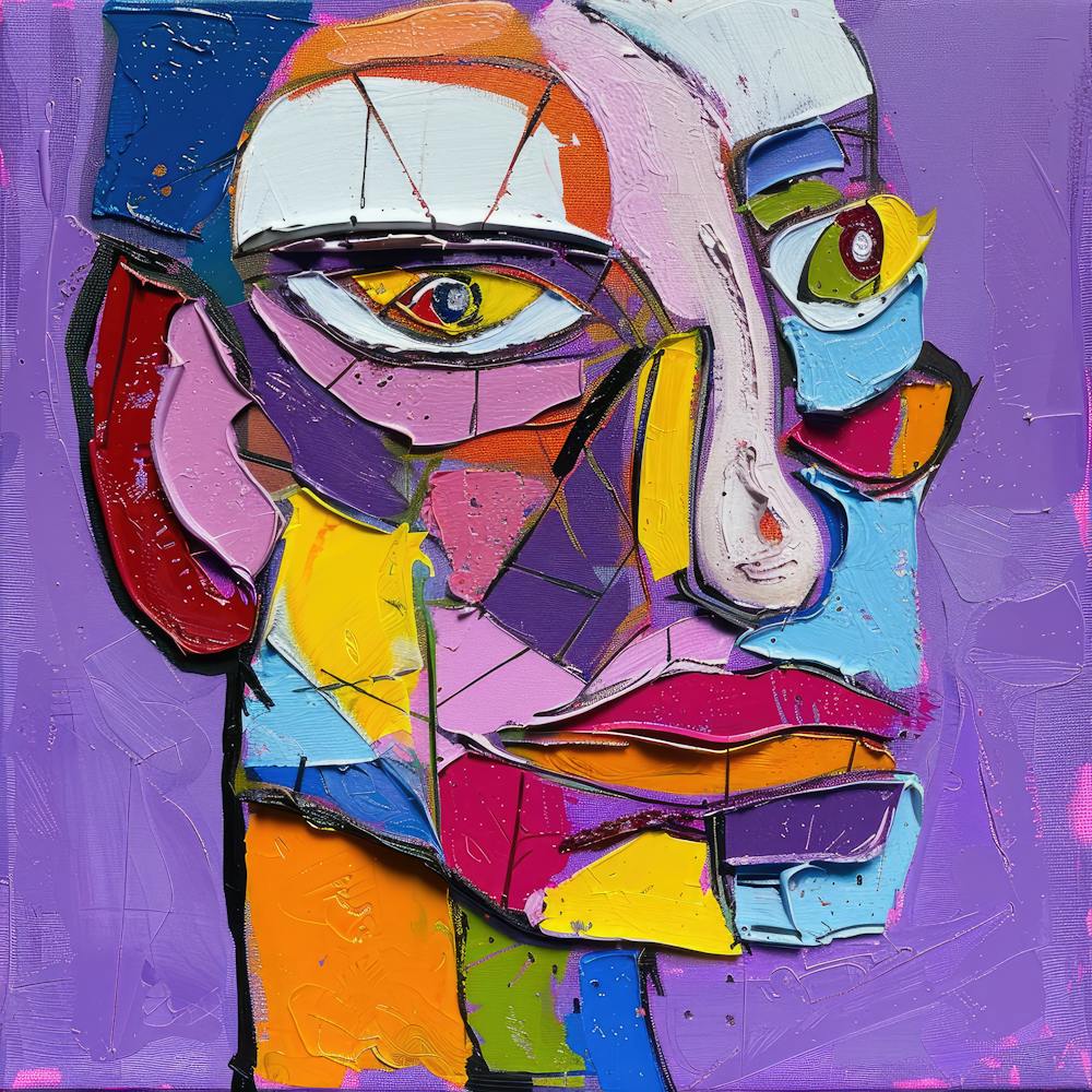 A man's head in the style of neoexpressionism, acrylic paint on a purple background,