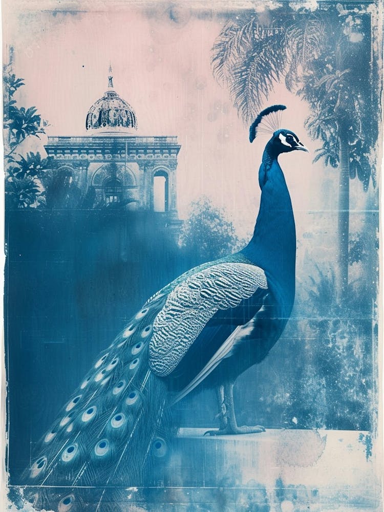Peacock In A Tropical Garden Cyanotype Inspired